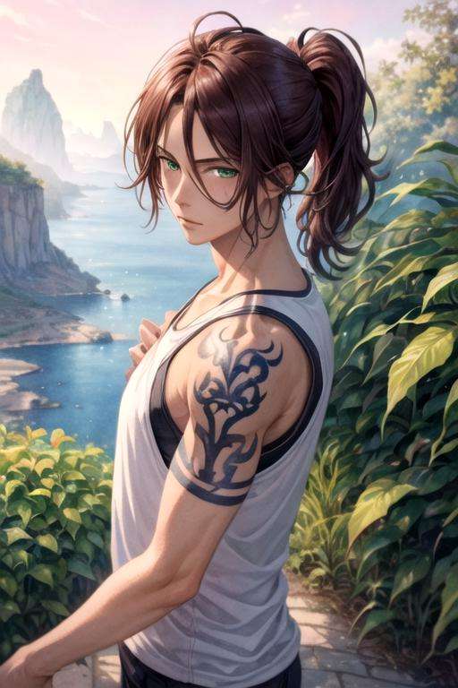 masterpiece, best quality, photorealistic, 1boy, solo, male focus, looking at viewer, , , (watercolor illustration, soft pastel colors:1.1), , <lora:renshou_sorinozuka:0.70>, renshou_sorinozuka, brown hair, green eyes, ponytail, tattoo, , , The Isle of the Dragon, 16k resolution