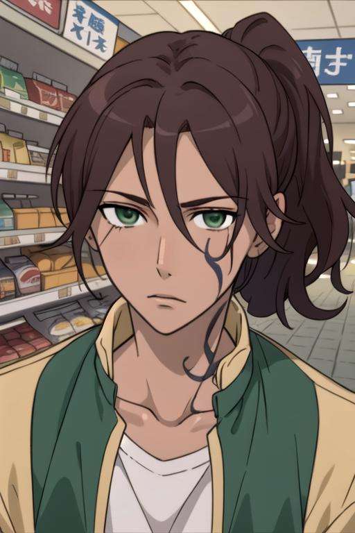 masterpiece, best quality, photorealistic, 1boy, solo, male focus, looking at viewer, upper body, , anime coloring, , <lora:renshou_sorinozuka:0.70>, renshou_sorinozuka, brown hair, green eyes, ponytail, tattoo, , supermarket,