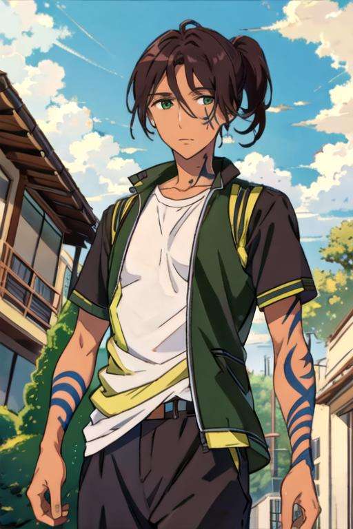 masterpiece, best quality, , 1boy, solo, male focus, looking at viewer, , , anime coloring, , <lora:renshou_sorinozuka:0.72>, renshou_sorinozuka, brown hair, green eyes, ponytail, tattoo, mummy costume, stream,