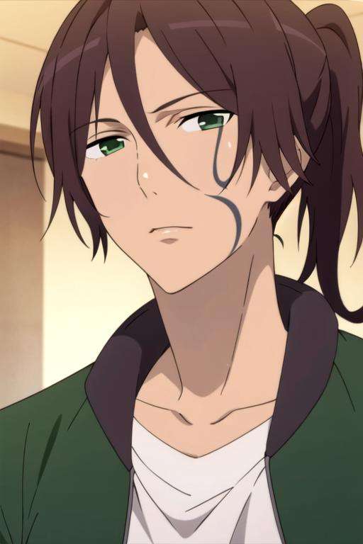 masterpiece, best quality, , 1boy, solo, male focus, looking at viewer, , , , , <lora:renshou_sorinozuka:0.72>, renshou_sorinozuka, brown hair, green eyes, ponytail,