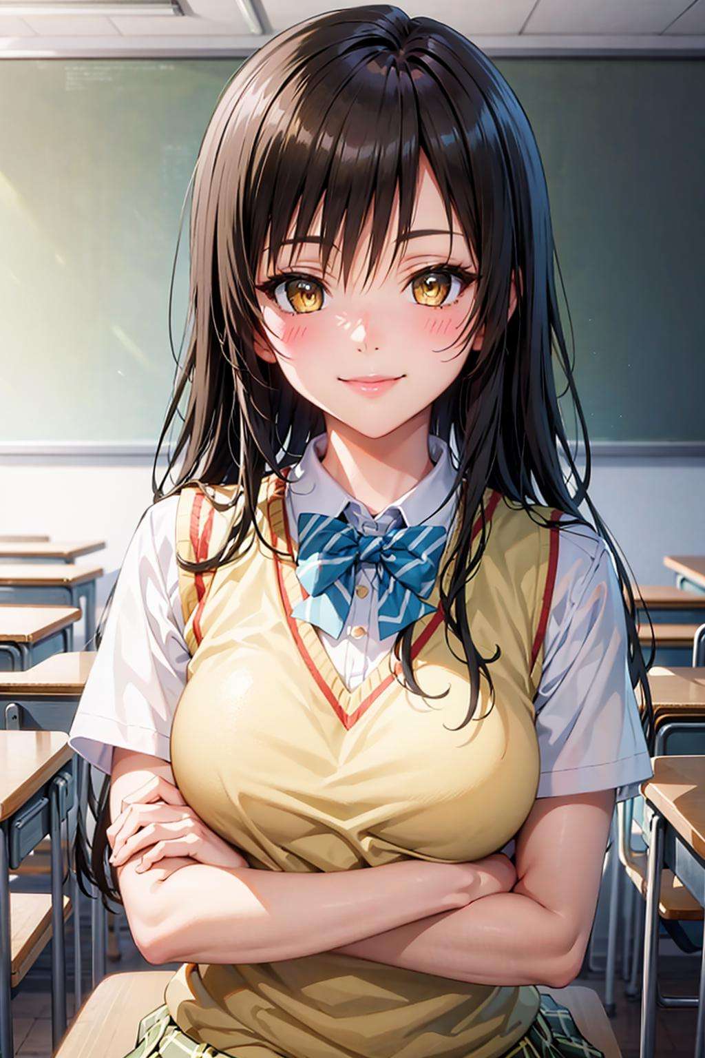 best quality, masterpiece, portrait, close-up, 1girl, kotegawa yui, black hair, long hair, long bangs, brown eyes, large breasts, yellow school uniform, pleated skirt, classroom, looking at viewer, smile,<lora:Kizuki - To Love Ru - Kotegawa Yui:0.90> 