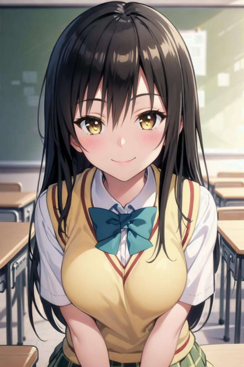 best quality, masterpiece, portrait, close-up, 1girl, kotegawa yui, black hair, long hair, long bangs, brown eyes, large breasts, yellow school uniform, pleated skirt, classroom, looking at viewer, smile,<lora:Kizuki - To Love Ru - Kotegawa Yui:0.90> 