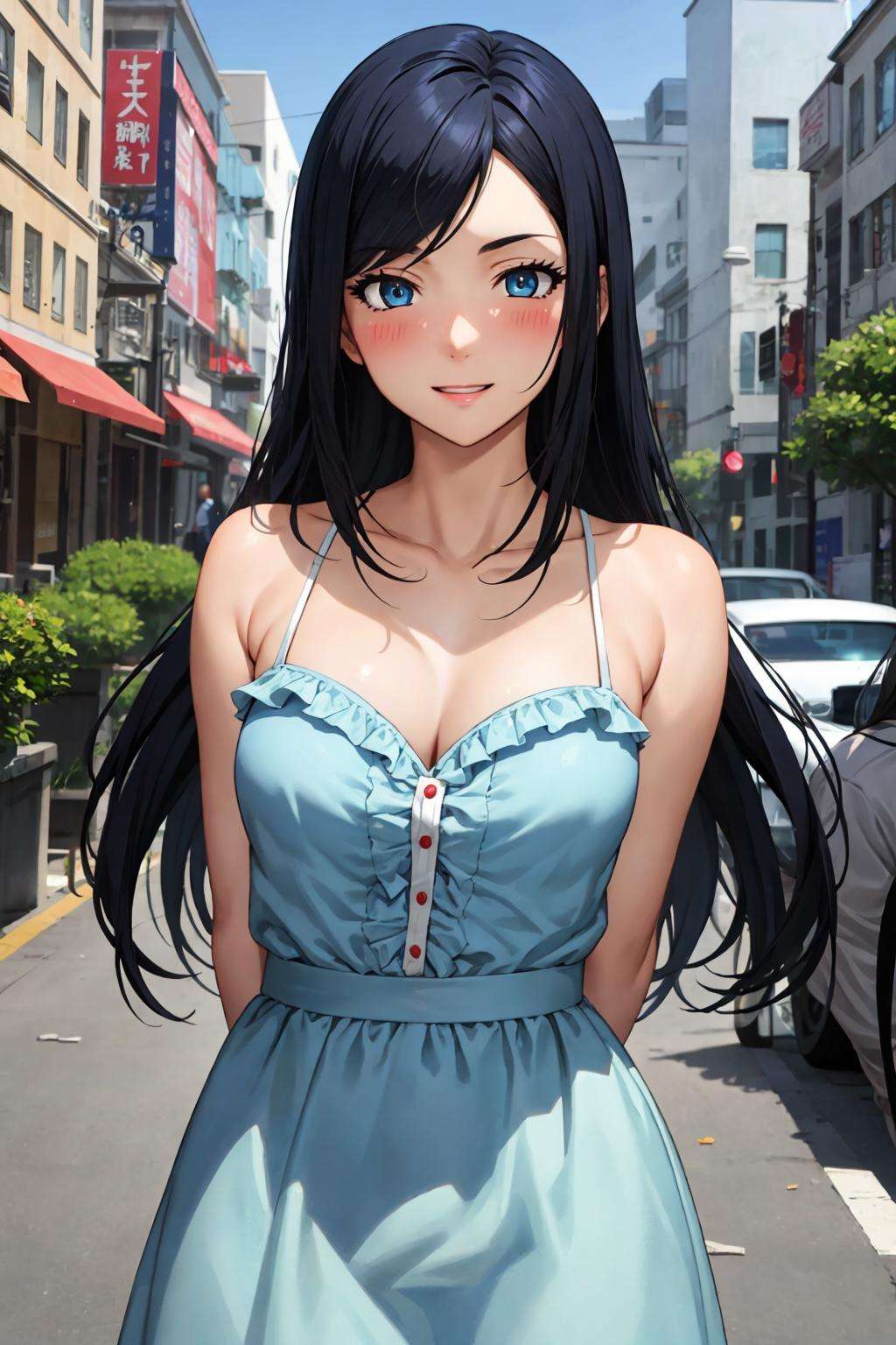 best quality, masterpiece, upper body, standing, solo focus,1girl, kurihara mari, black hair, medium breasts, dark blue eyes, long hair,  frilled dress, looking at viewer, city, (blush:1.2), happy, arms behind back,  <lora:Kizuki - Prison School - Kurihara Mari:0.825> 