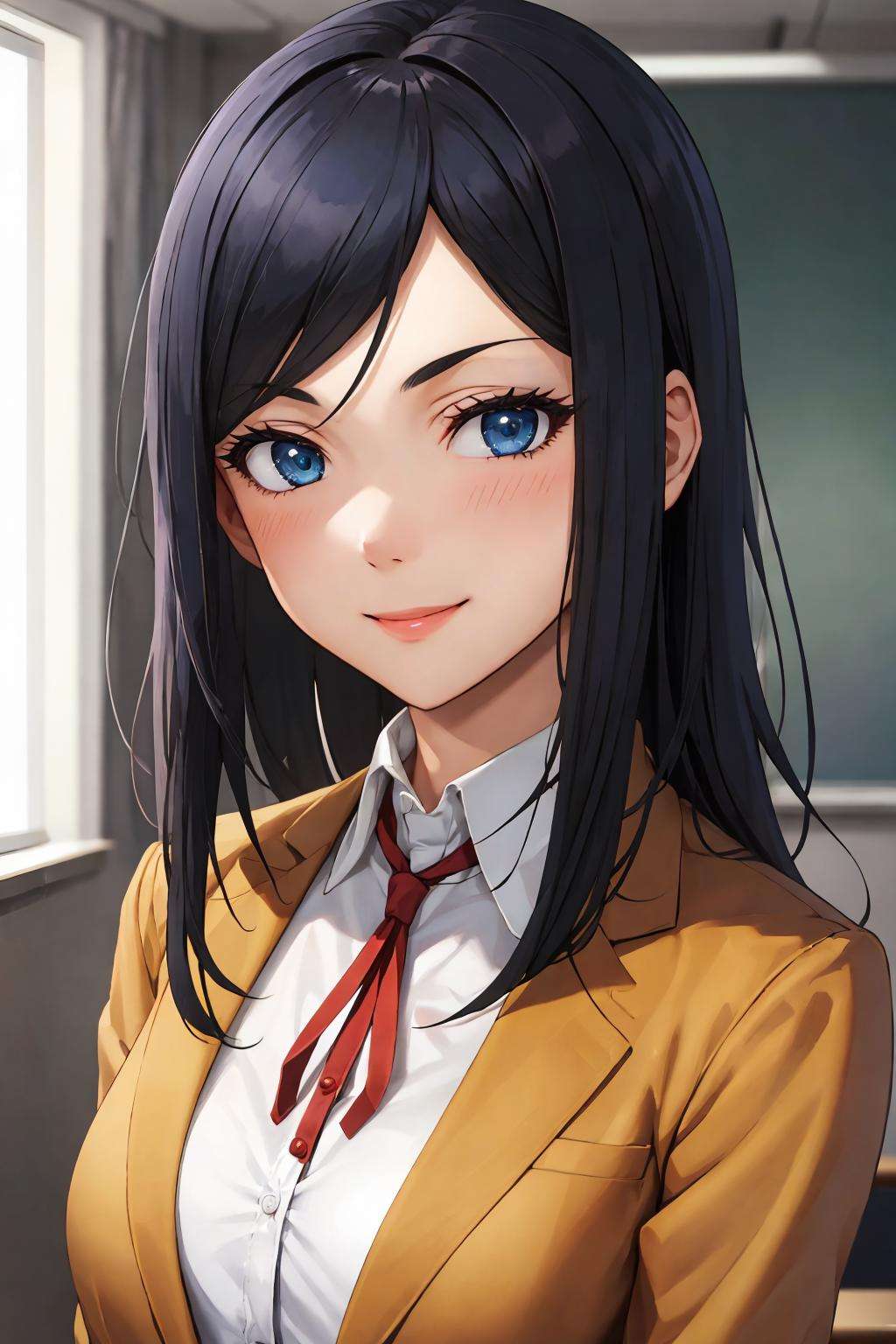 (best quality:1.1), (masterpiece:1.4), (absurdres:1.0), portrait, close-up,1girl, kurihara mari, black hair, dark blue eyes, long hair, school uniform, brown jacket, looking at viewer, classroom, blush, smile, open shirt,<lora:Kizuki - Prison School - Kurihara Mari:0.9>