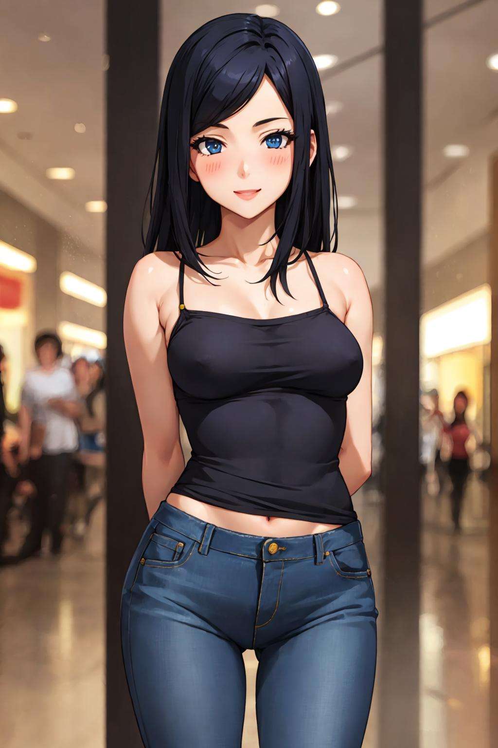 best quality, masterpiece, upper body, standing, solo focus,1girl, kurihara mari, black hair, medium breasts, dark blue eyes, long hair, (pantyhose:1.3),camisole, jeans, looking at viewer, mall, (blush:1.2), happy, arms behind back,  <lora:Kizuki - Prison School - Kurihara Mari:0.825> 