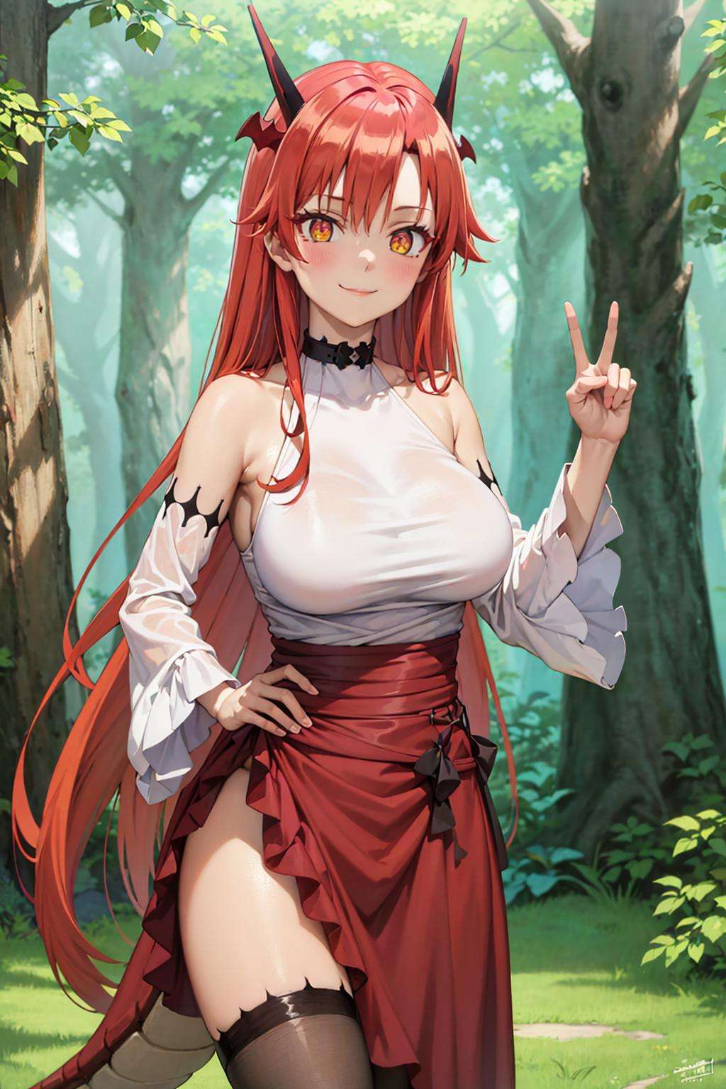 (best quality:1.1), (masterpiece:1.4), (absurdres:1.0), cowboy shot,1girl, tania, KizukiAi, dragon girl, dragon horns, red hair, orange eyes, large breasts, long hair, collar, white top, (long red skirt:1.2), detached sleeves, thighhighs, dragon tail, looking at viewer, oudoors, forest, (blush:1.1), (smile:1.2), peace sign,<lora:Kizuki - Beast Tamer - Tania:0.95>