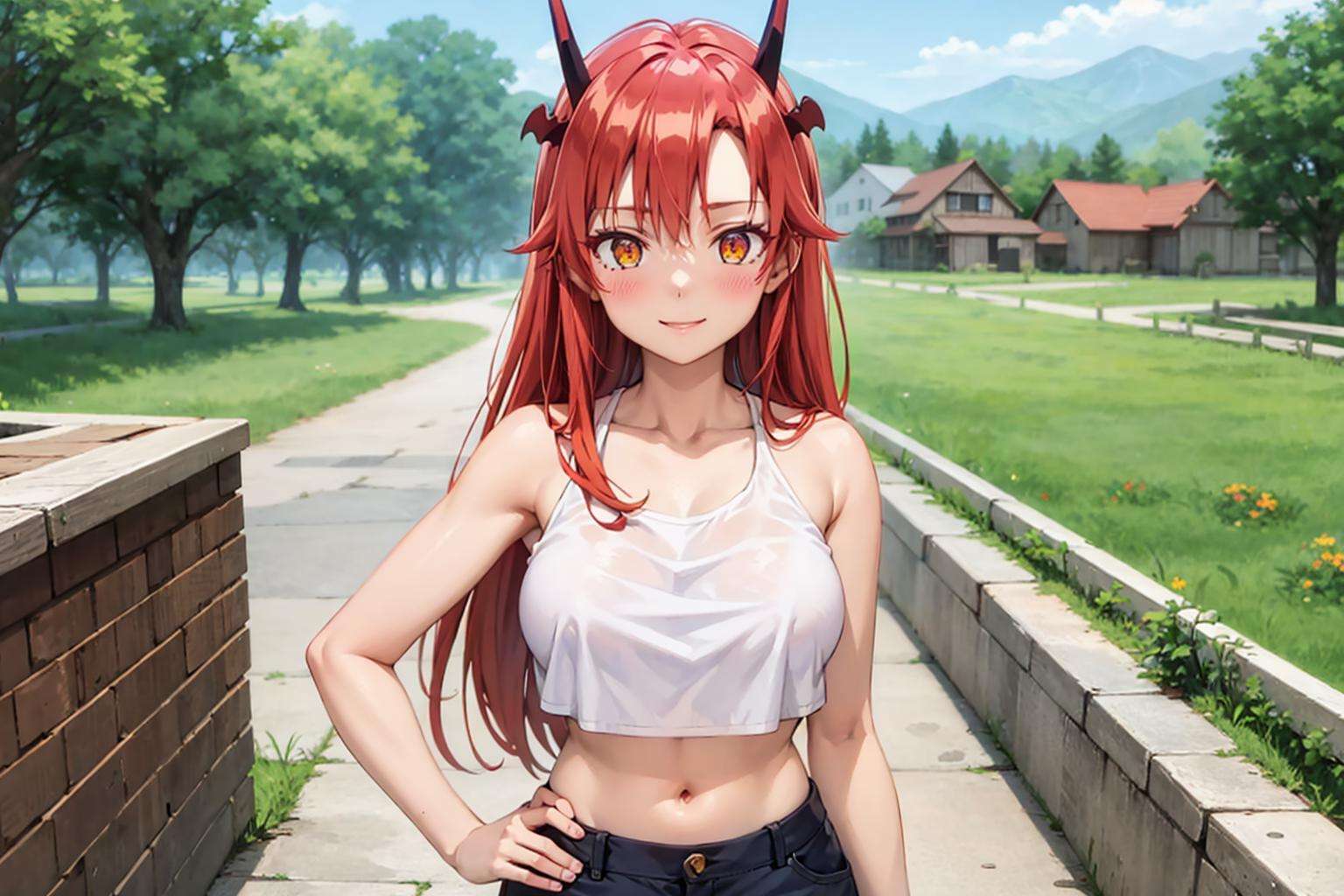 best quality, masterpiece, upper body, standing, solo focus,1girl, tania, KizukiAi, dragon girl, dragon horns, red hair, orange eyes, large breasts, long hair,  cargo shorts, crop top, looking at viewer, village, (blush:1.2), happy,  (crowd:0.4), medieval,<lora:Kizuki - Beast Tamer - Tania:0.85>