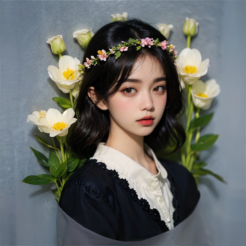 1 girl, charming, masterpiece, best quality, (simple background), Circle, portrait, Flower Wreath, Art, 