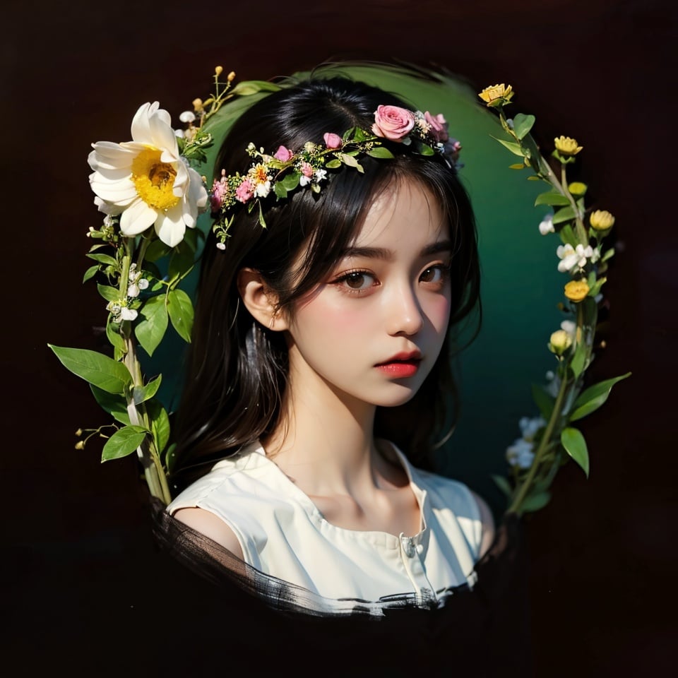 1 girl, charming, masterpiece, best quality, (simple background), Circle, portrait, Flower Wreath, Art, 