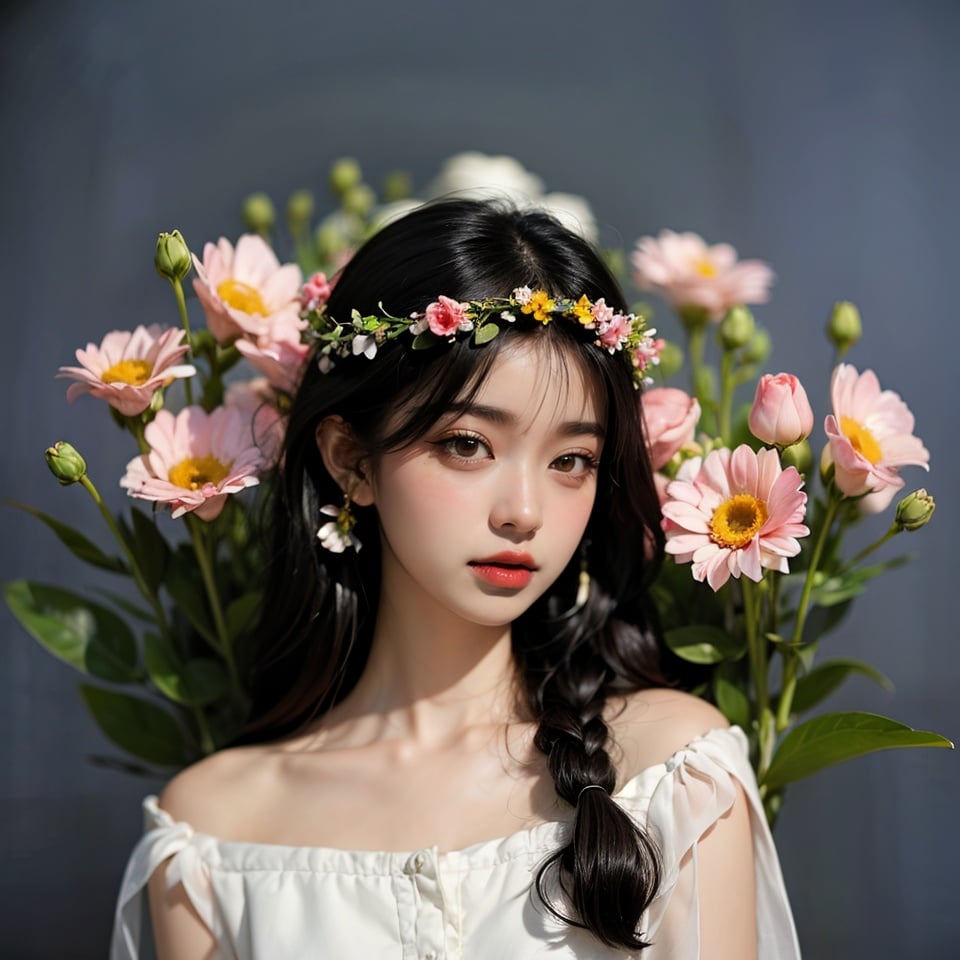 1 girl, charming, masterpiece, best quality, (simple background), Circle, portrait, Flower Wreath, Art, 