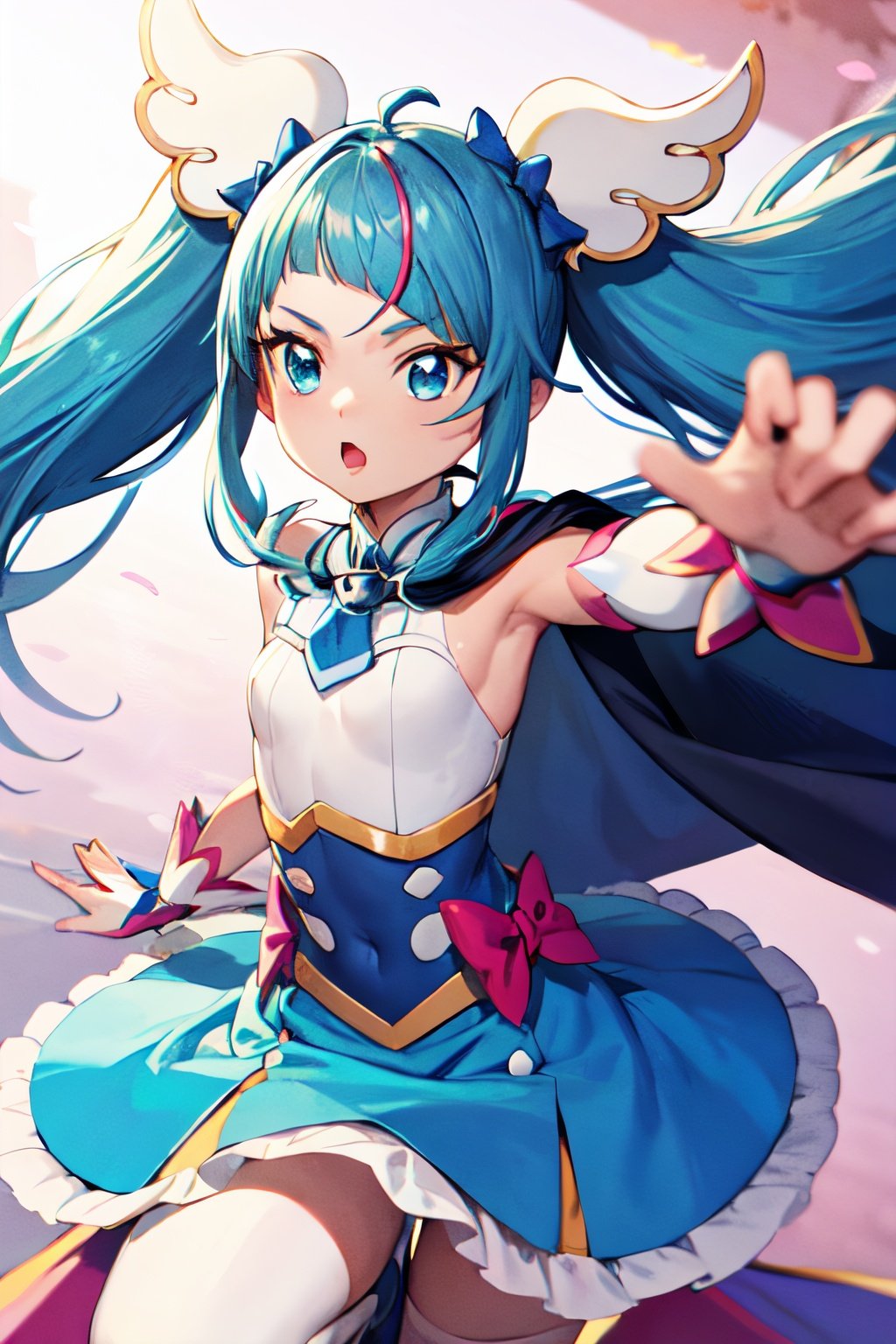 masterpiece, best quality, highres, sora, blue hair, magical girl, twintail, blue skirt, cape, bare_shoulders