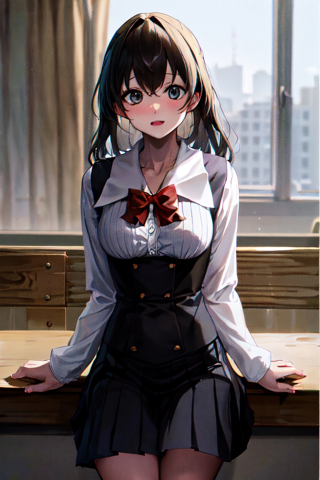 masterpiece, best quality, highres, sekai, grey eyes, school uniform