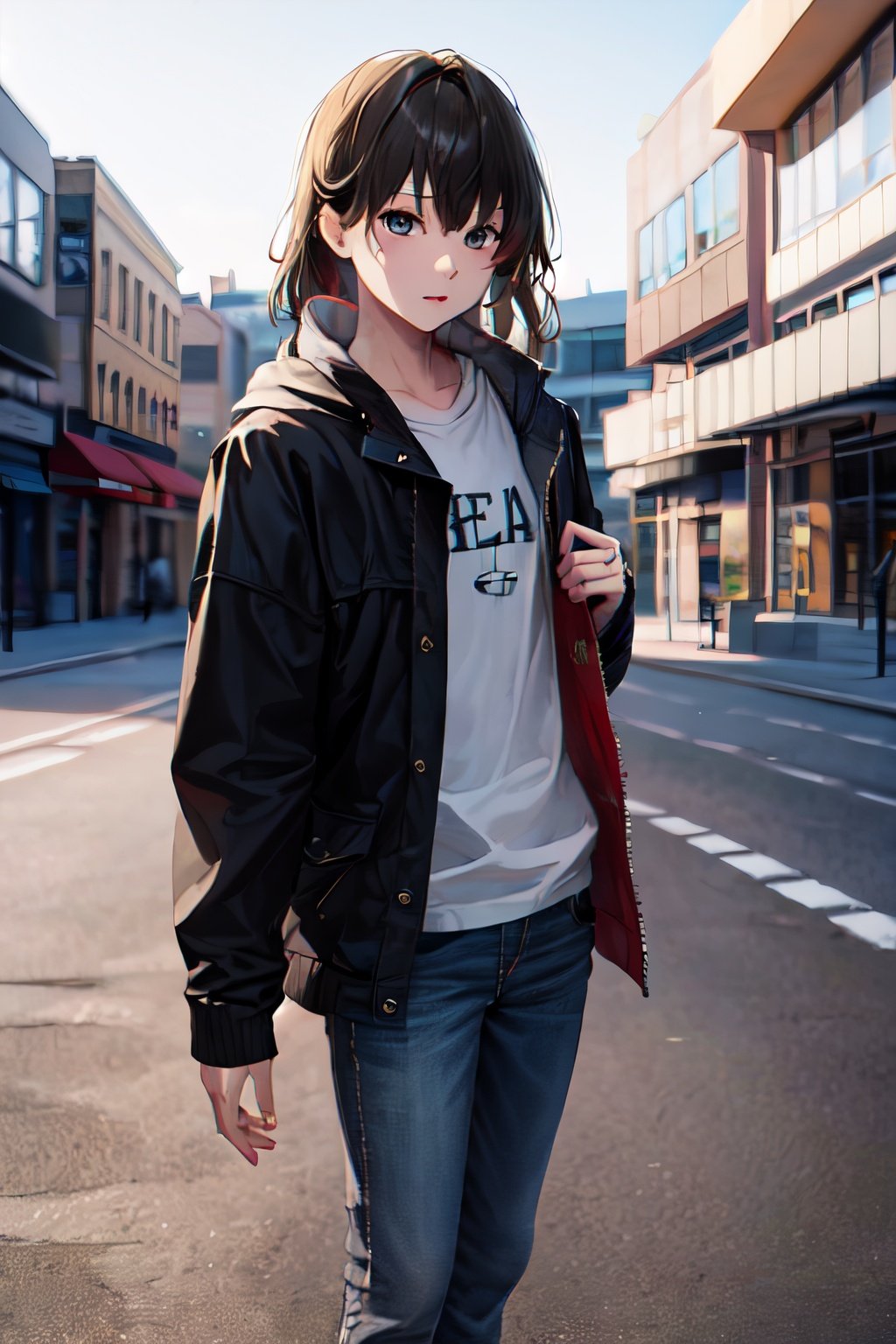 masterpiece, best quality, highres, sekai, grey eyes, outdoor, cowboy_shot, jacket, shirt, shoe