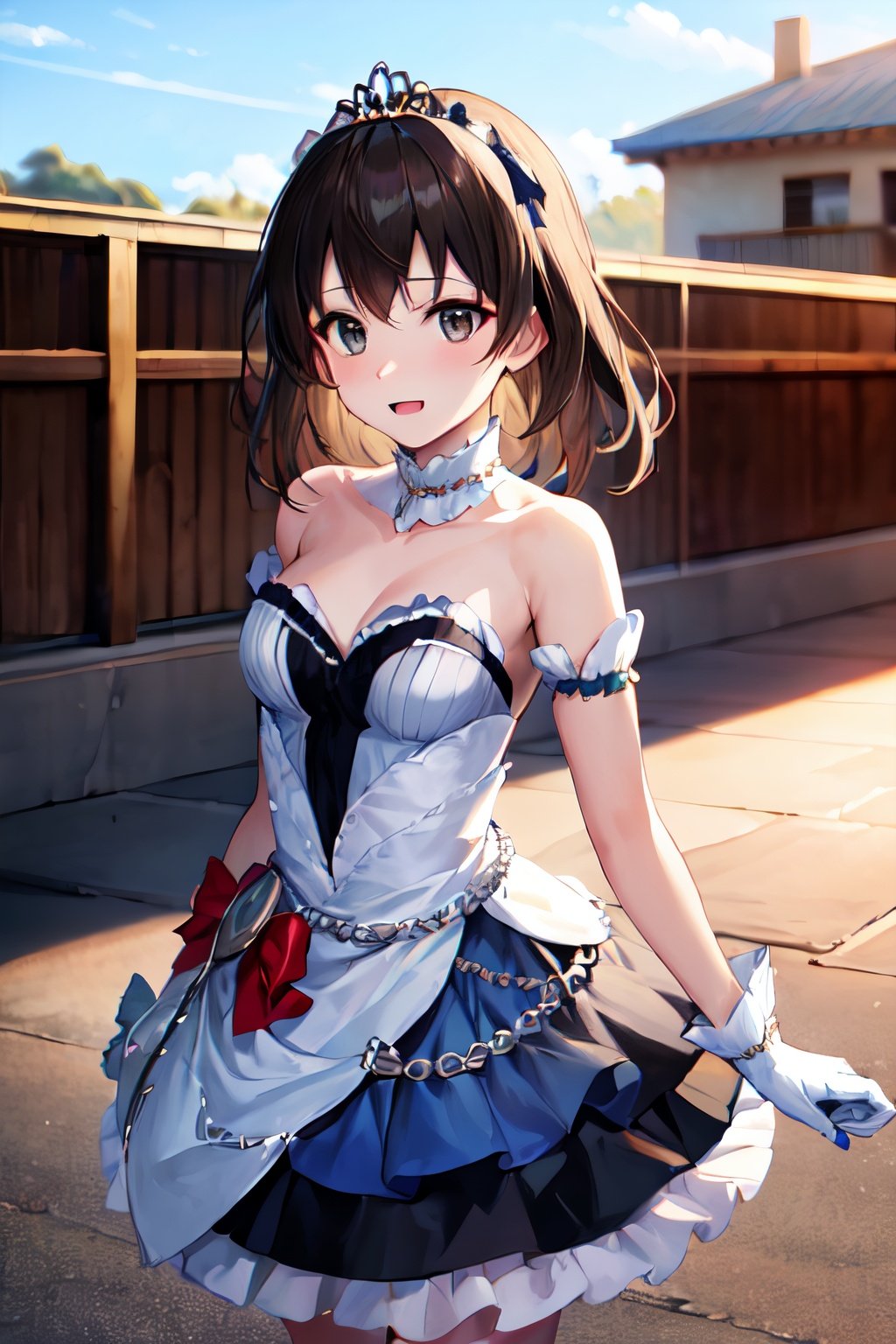 masterpiece, best quality, highres, sekai, grey eyes, outdoor, cowboy_shot, ssb, dress, gloves, tiara