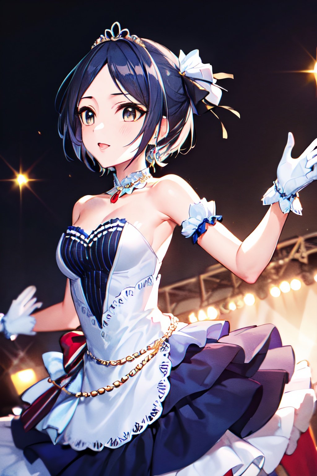 masterpiece, best quality, highres, dress, gloves, tiara, jewelery, kanade, blue hair, stage