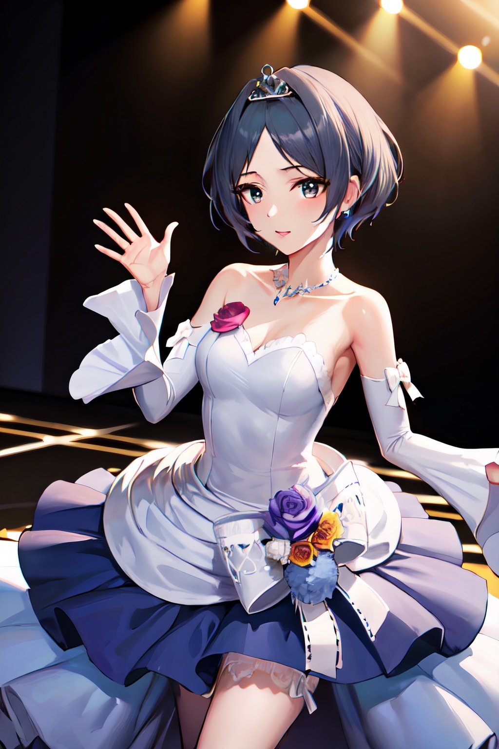 masterpiece, best quality, highres, dress, detached sleeves, tiara, jewelery, flower, kanade, blue hair, stage