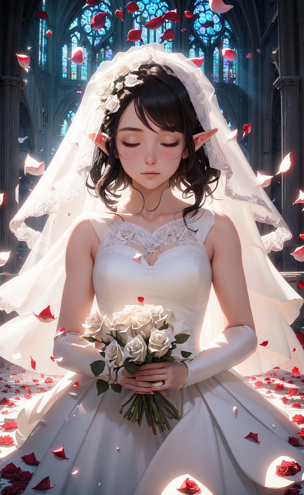 masterpiece, best quality, 1girl, elf bride, white flowing bridal dress, (rose petals:1.3), church, sunbeam, volumetric lighting, close-up