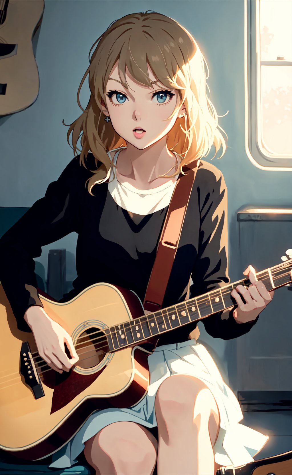 K-ON! anime screencap, Taylor Swift, playing guitar, illustration, soft lighting