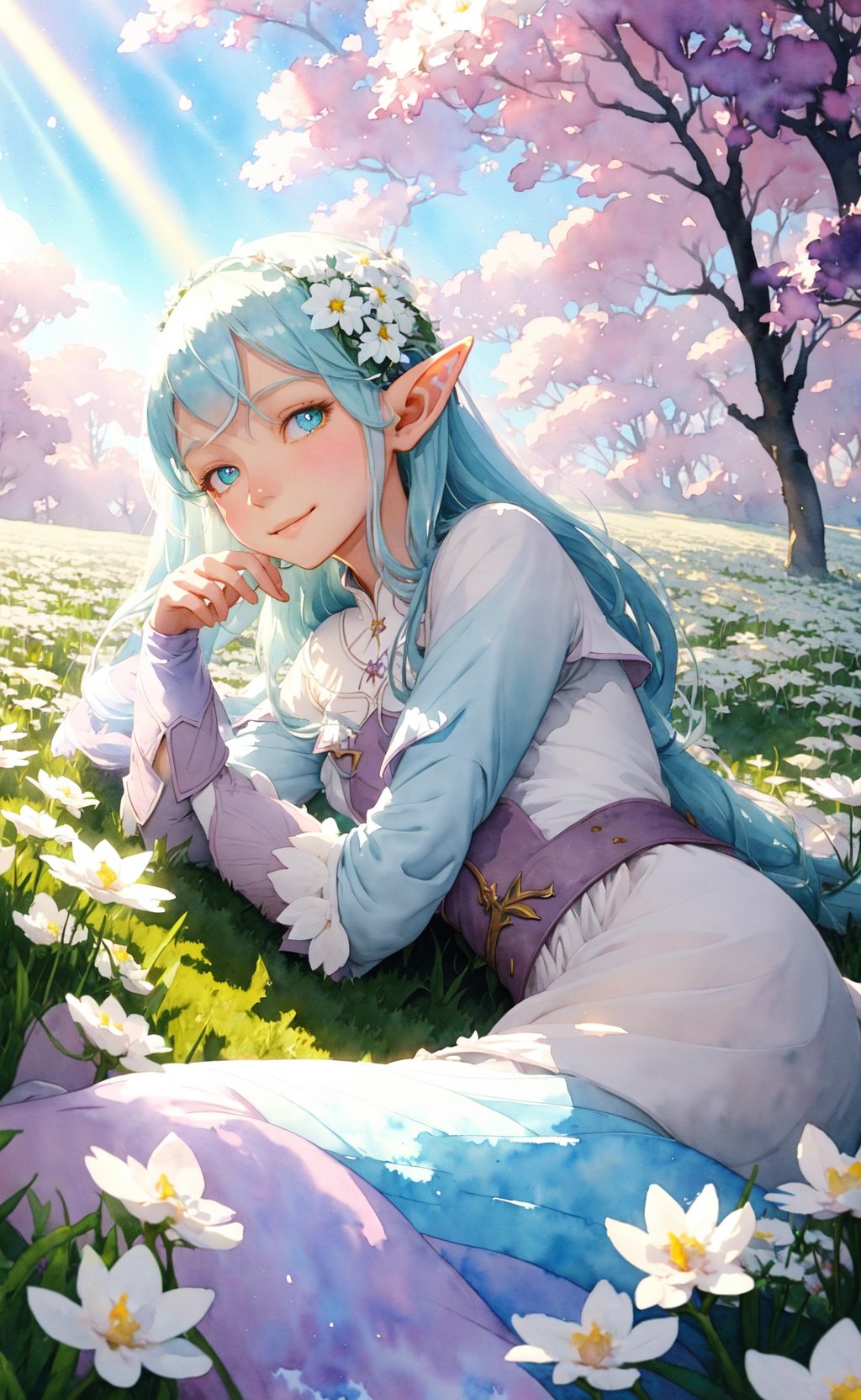 (watercolor illustration, soft pastel colors:1.1), masterpiece, best quality, 1girl, elf adventurer lying down in a field of white flowers, looking at viewer, smug, smirk, dutch angle, cinematic, volumetric lighting, sunbeam, soft lighting, mystical, magical, rim lighting, fantasy, sparkle, glittering