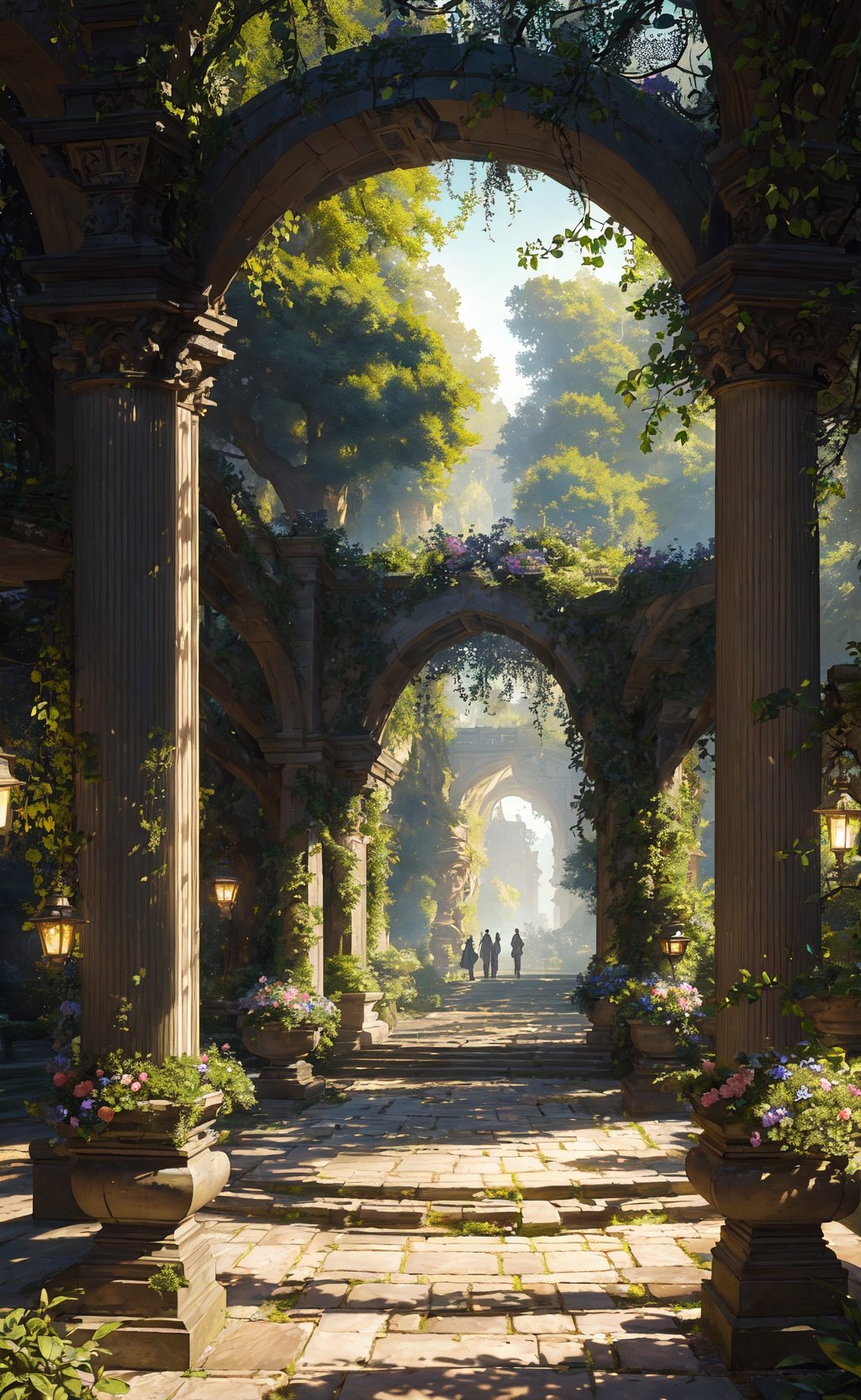 (masterpiece, best quality, highly detailed, intricate), a walkway in a garden with lots of green plants and trees on either side of it and a lantern hanging from the ceiling, Florence Engelbach, tone mapping, a flemish Baroque, german romanticism, cinematic composition, beautiful lighting