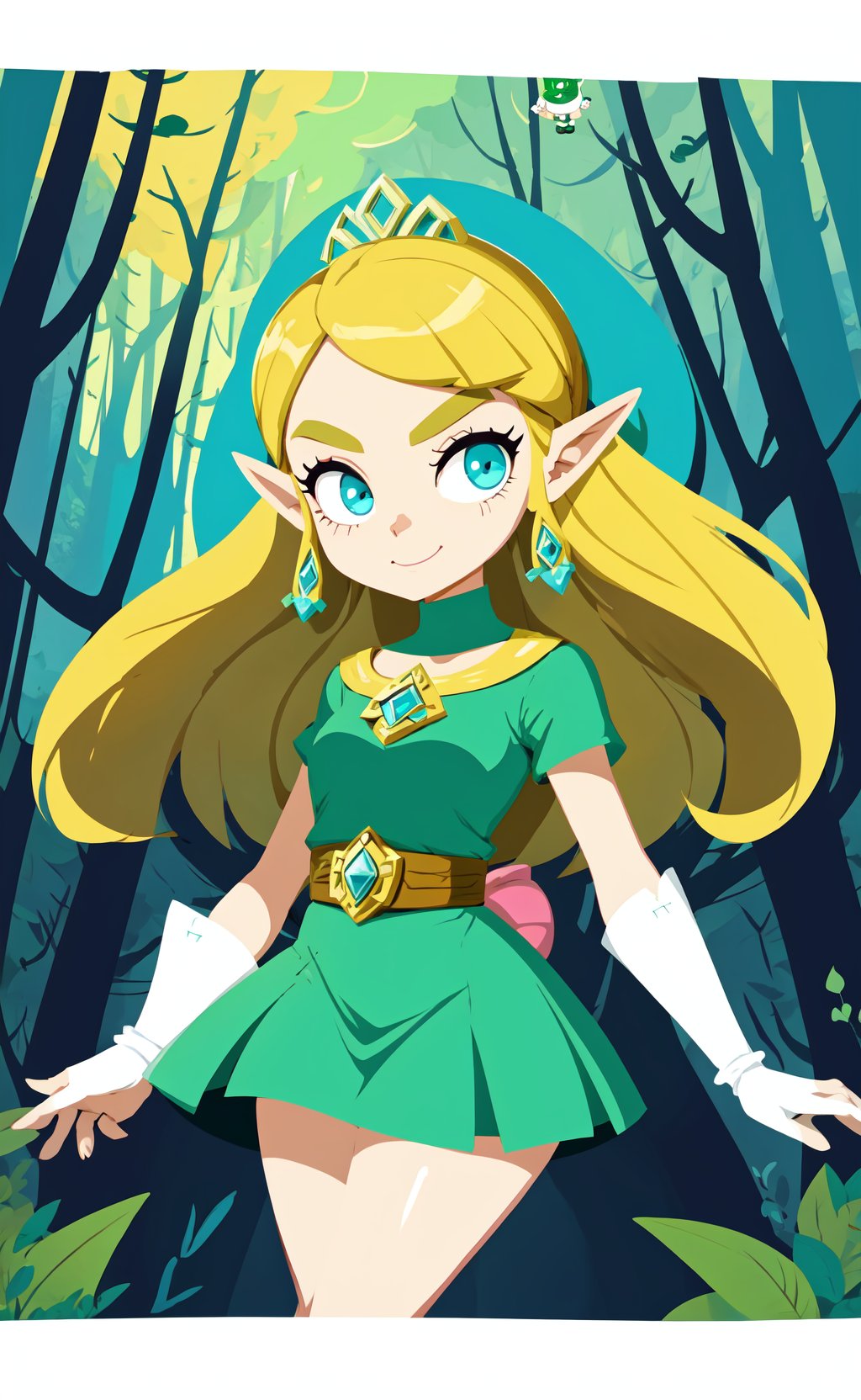 powerpuff girls style, Princess Zelda, beautiful forest, illustration, (smug, smirk:0.7)