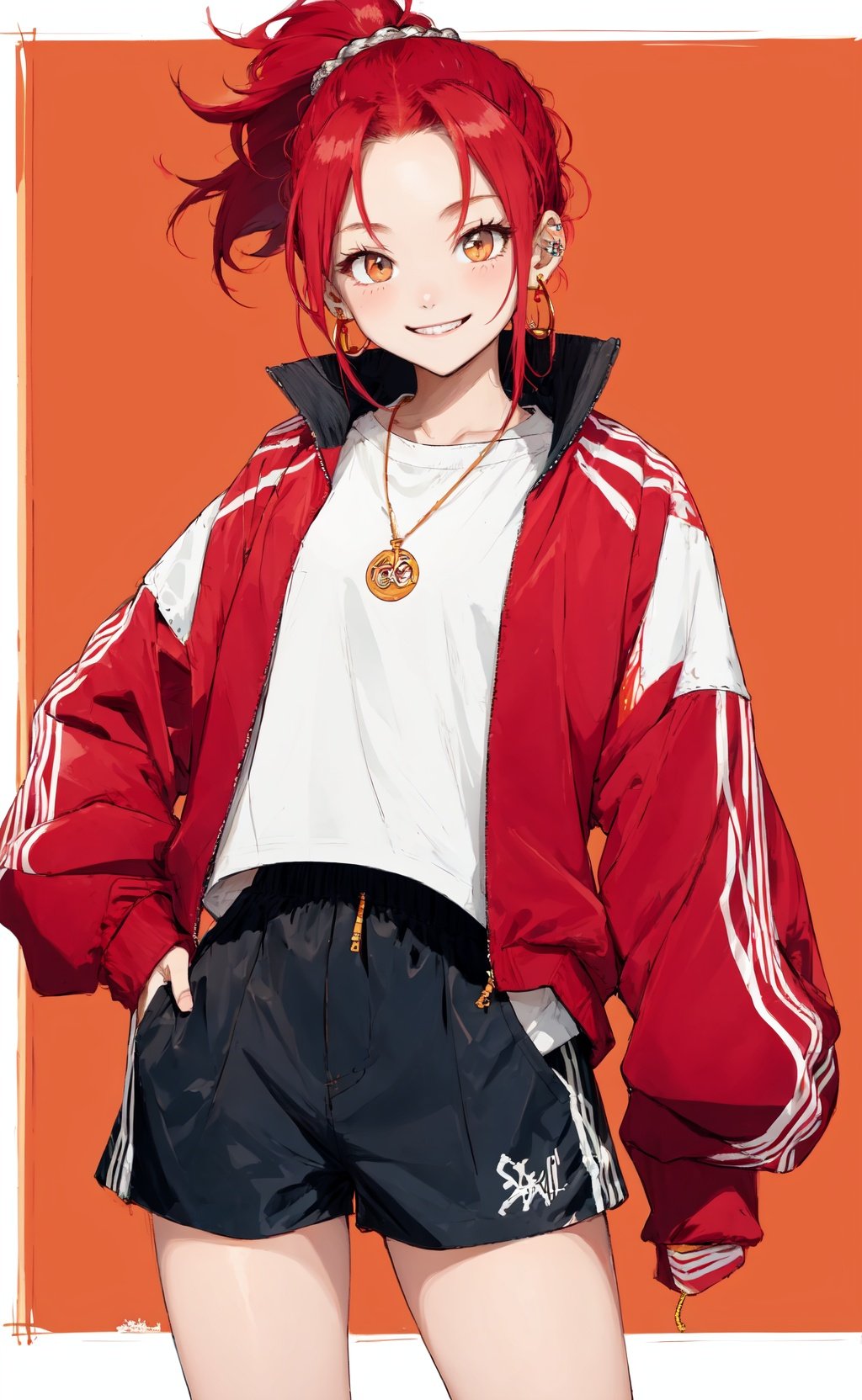 (sketch:1.1), masterpiece, best quality, 1girl, red ponytail, long hair, oversized track jacket, shorts, jewelry, smile, simple background