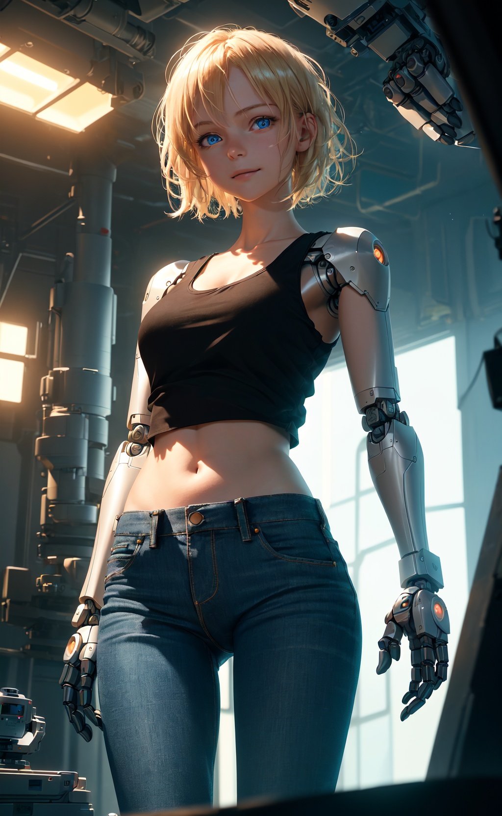 (highly detailed CG illustration), (8k, best quality, masterpiece:1.2), (realistic:1.3), (photorealistic:1.3), ultra-detailed, 1girl, (18 years old), blonde short hair, blue eyes, (robot arms and hands:1.3), machine made joints, (fabric black tank top), open navel, medium breast, visible shoulders, blue jeans, (high detailed skin:1.2), cute smile, uhd, dslr, soft lighting, high quality, film grain, Fujifilm XT3, best quality, beautiful lighting, cinematic lighting, inside futuristic lab