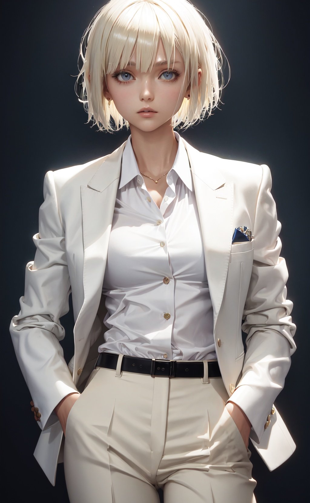 masterpiece, best quality, 1girl, short hair, platinum blonde hair, blazer, shirt, trousers