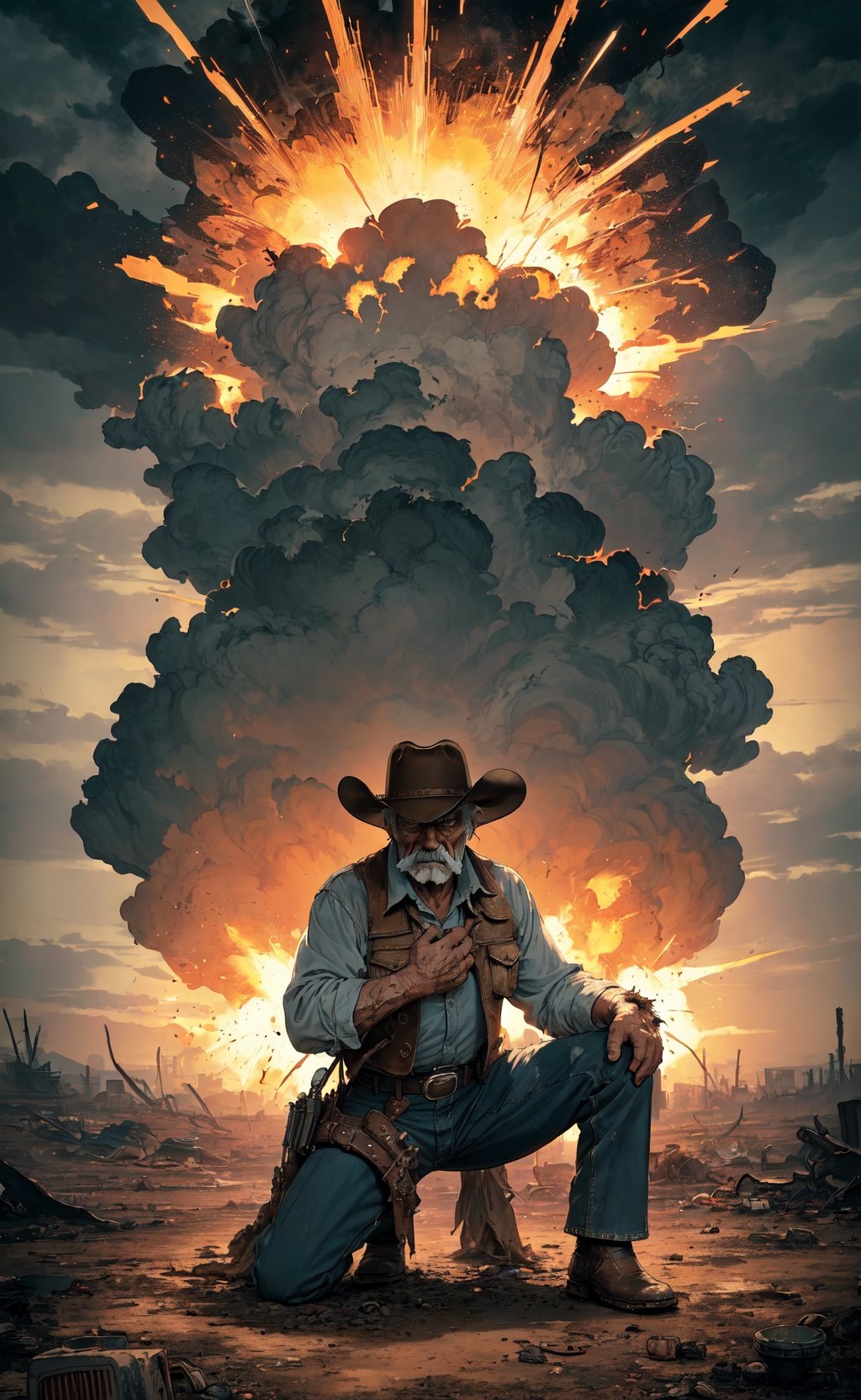 comic style, thick outlines, (masterpiece, best quality), ((old man)), cowboy western, cowboy hat, mustache, (looking at viewer, explosion, dirty, weathered, kneeling, solo), shattered, wasteland, dark mood, cloudy sky