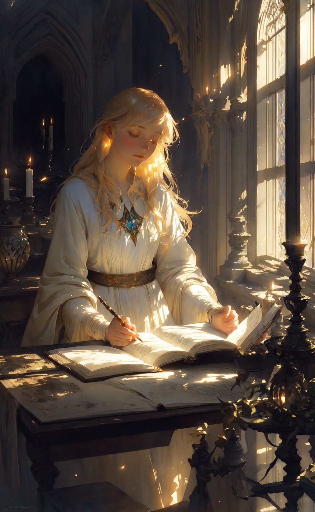 watercolor, Anders Zorn, John Singer Sargent, Elsa, sorceress studying, moody lighting, tranquil, calm, glow, glowing, mystical, magical, rim lighting, fantasy, sunbeam, soft lighting, sparkle, glittering