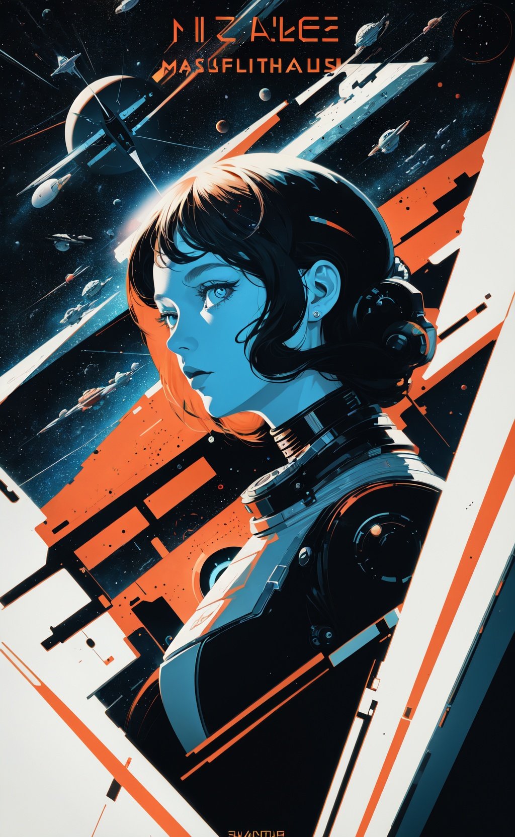 space thriller movie poster, masterpiece, best quality, 1girl, Bauhaus, shapes, lines, abstract