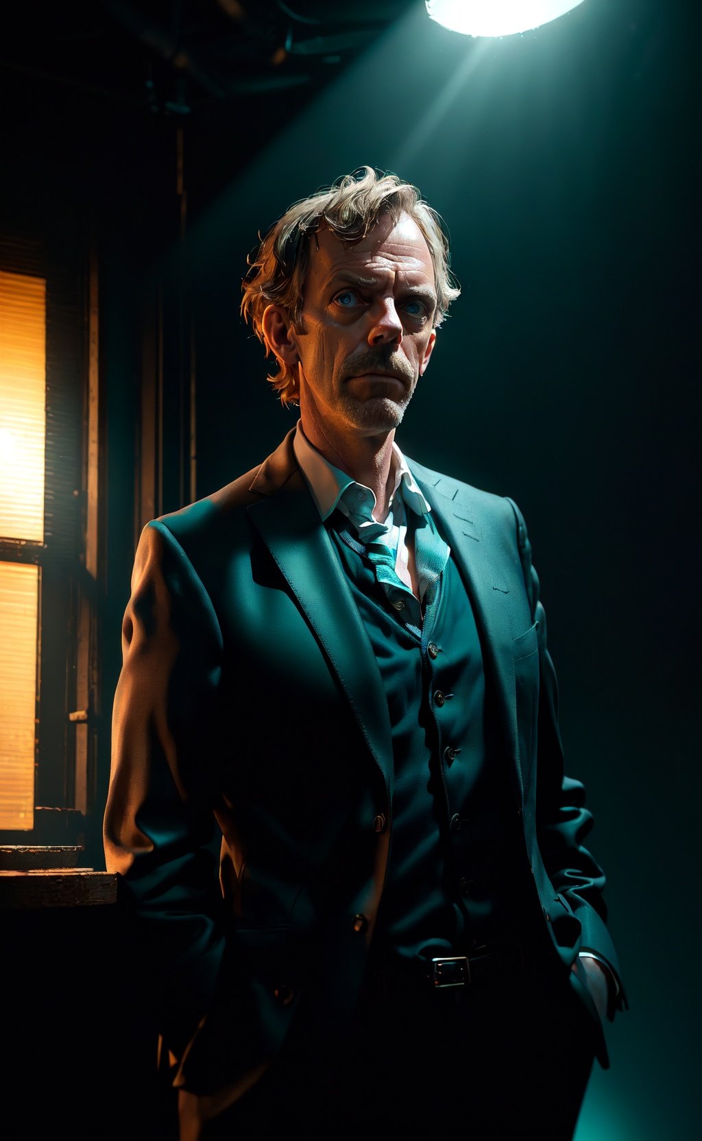 portrait of a award winning photo of hugh laurie posing in a dark studio, (rim lighting,:1.4) two tone lighting, sharp focus, teal hue, octane, unreal, dimly lit, low key