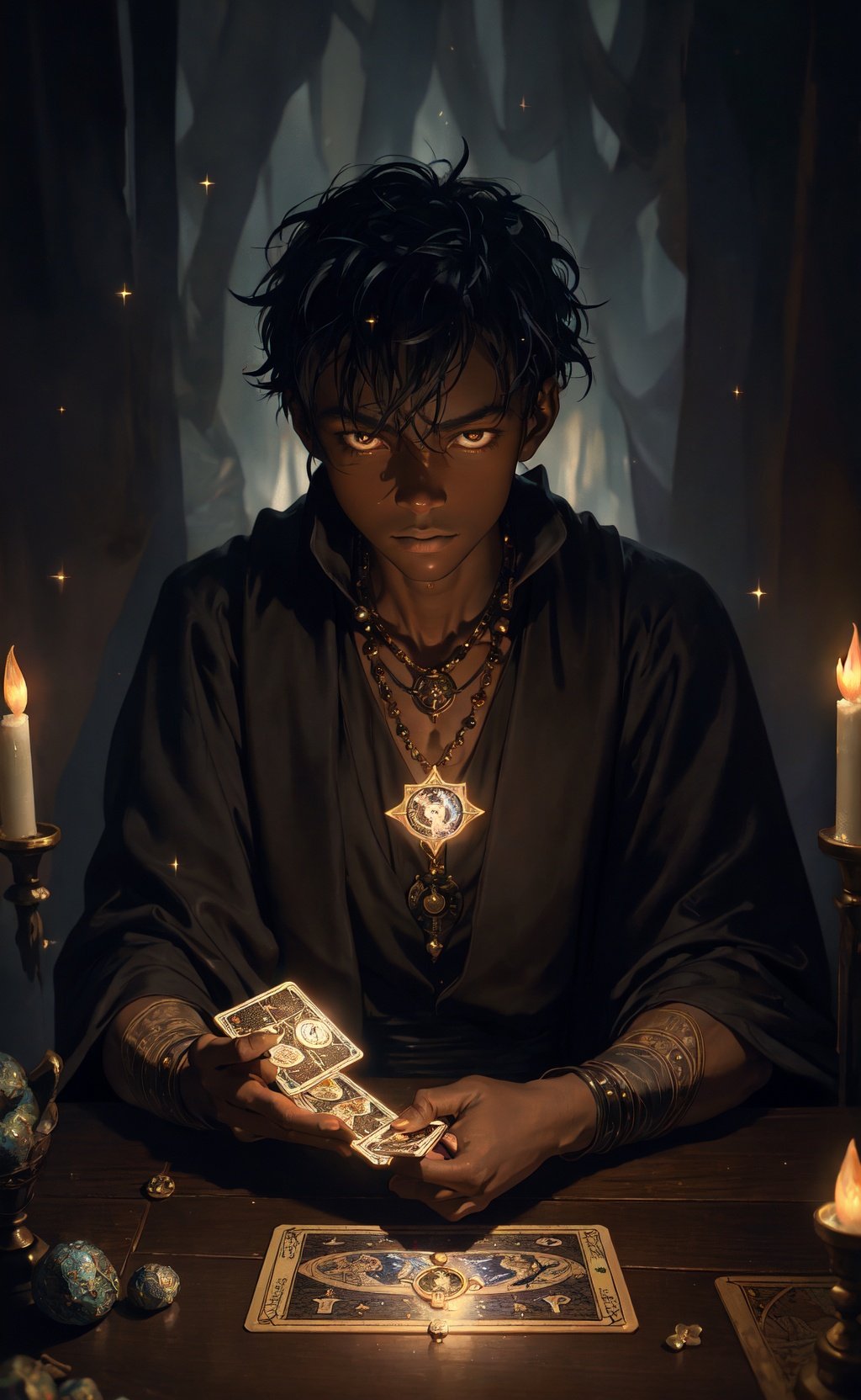 impressionism painting, realistic, 1boy, fortune teller, tarot cards at a table, looking at viewer, dark skin, mystical, magical, glow, glowing, dark magical lighting, moody, cinematic, sparkle, glittering, darkness