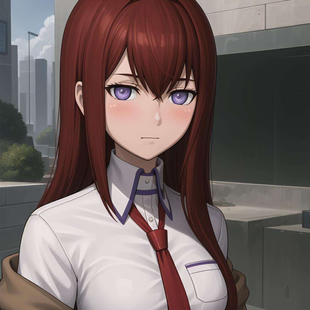 (lasterk:1.3), <lora:lasterkf1:1> ((masterpiece,best quality,ultra detailed,8k)),brown_hair,collared_shirt,jacket,long_sleeves,makise_kurisu,standing,red_necktie,solo,1girl,white_shirt,perfect face,red_hair,purple_eyes,((blush)),upper body,(close_mouth) <lora:makiseKurisuChristina_v10:0.5>