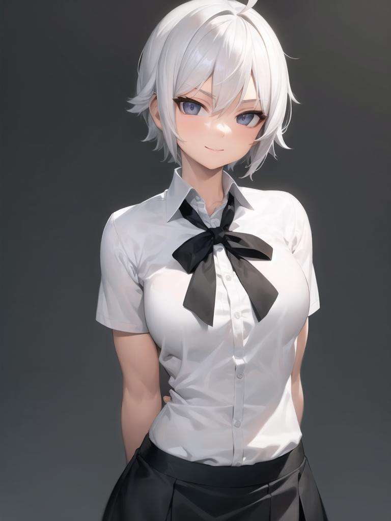 lasterk, upper body, (arms behind back:1.3),  ((masterpiece, best quality)), (1girl), (solo), (female focus), (ahoge, white hair, short hair), black eyes, light smile, ((white shirt), (buttoned shirt)), ((black skirt), (short skirt)), standing, white background, arms behind back, <lora:lasterkf1:1>