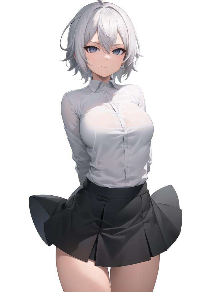 lasterk, upper body, (arms behind back:1.3),  ((masterpiece, best quality)), (1girl), (solo), (female focus), (ahoge, white hair, short hair), black eyes, light smile, ((white shirt), (buttoned shirt)), ((black skirt), (short skirt)), standing, white background, arms behind back, <lora:lasterkf1:1>