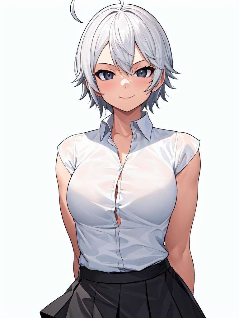 (lasterk:1.3), upper body, (arms behind back:1.3), ((masterpiece, best quality)), (1girl), (solo), (female focus), (ahoge, white hair, short hair), black eyes, light smile, ((white shirt), (buttoned shirt)), ((black skirt), (short skirt)), standing, white background, arms behind back,<lora:lasterkStyleLora_v2:1>