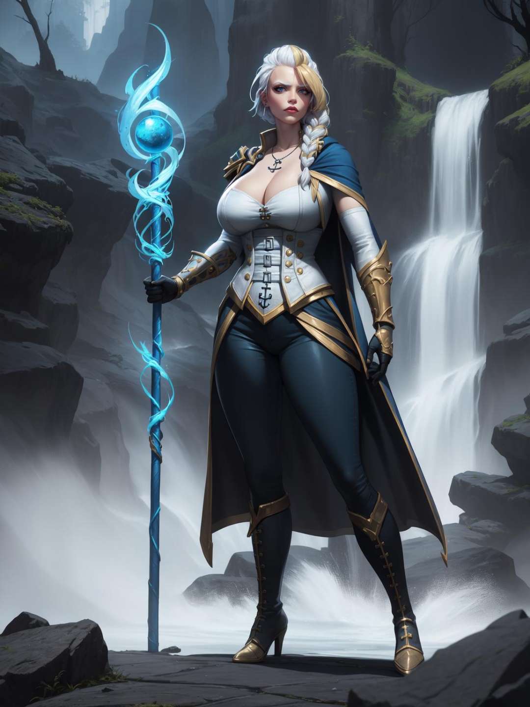 (highres, high quality:1.2), intricate details, cinematic lighting, ambient occlusion,JainaProudmoore, 1girl, solo, full body, standing, holding, (glowing long staff:1.1), sunny weather, jungle, waterfall, fantasy, complex background,looking at viewer, scowl, white hair, blonde hair, streaked hair, single braid, eyeshadow, lipstick, makeup, detailed face, blue eyes, anchor necklace,blue clothes, cape, single pauldron, cropped jacket, corset, detached sleeves, gloves,single gauntlet, (blue pants:1.1), knee boots, curvy, large breasts, cleavage, <lora:JainaProudmooreV1:0.9> 