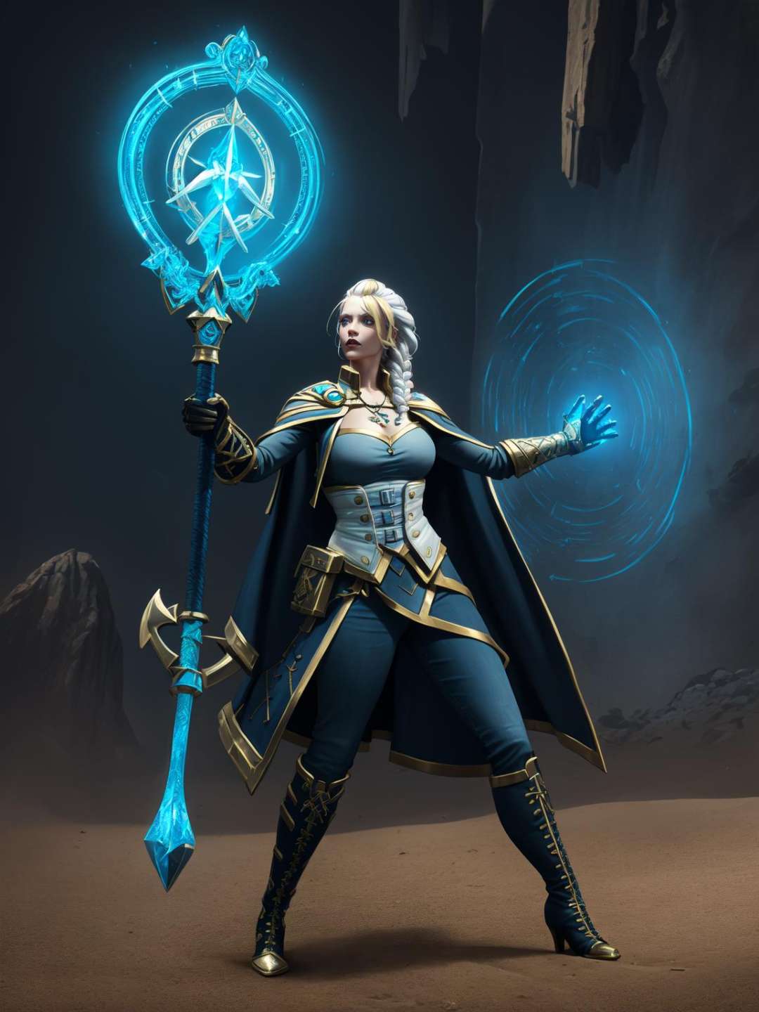 (highres, high quality:1.2), intricate details, cinematic lighting, ambient occlusion,JainaProudmoore, 1girl, solo, full body, dynamic pose, casting spell, Rune_Magic, Magic, Power holding, (glowing long staff:1.1), ocean, desert, sunlight, fantasy, complex background,looking at viewer, scowl, agressive,white hair, blonde hair, streaked hair, single braid, eyeshadow, lipstick, makeup, detailed face, blue eyes, anchor necklace,blue clothes, cape, single pauldron, cropped jacket, corset, detached sleeves, gloves,single gauntlet, (blue pants:1.1), knee boots, curvy, large breasts, cleavage, <lora:JainaProudmooreV1:0.9>  <lora:Concept - Runemagic:0.7> 