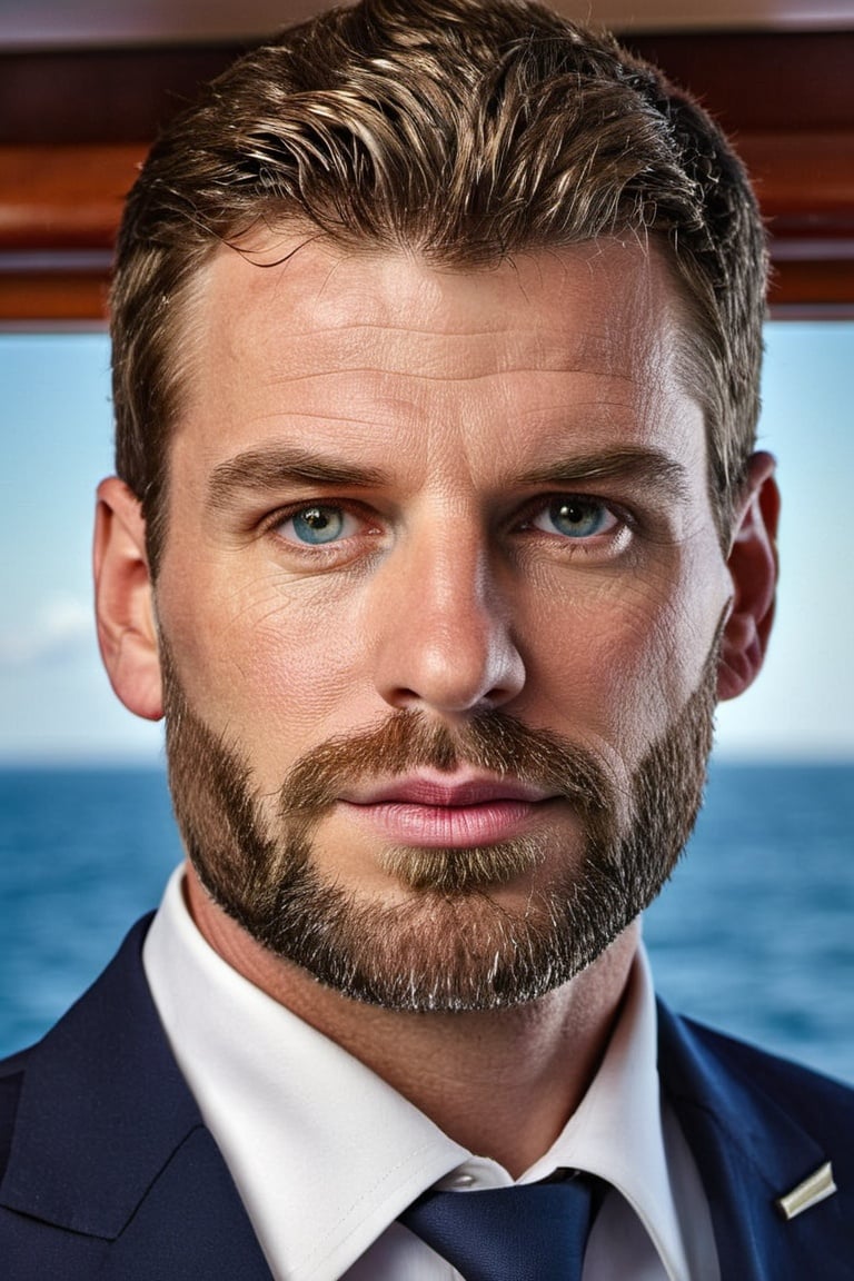 Generate a portrait photo of the most ordinary captain of a cruise ship, sharp-focus, highly detailed, masterpiece, photorealistic, detailed skin