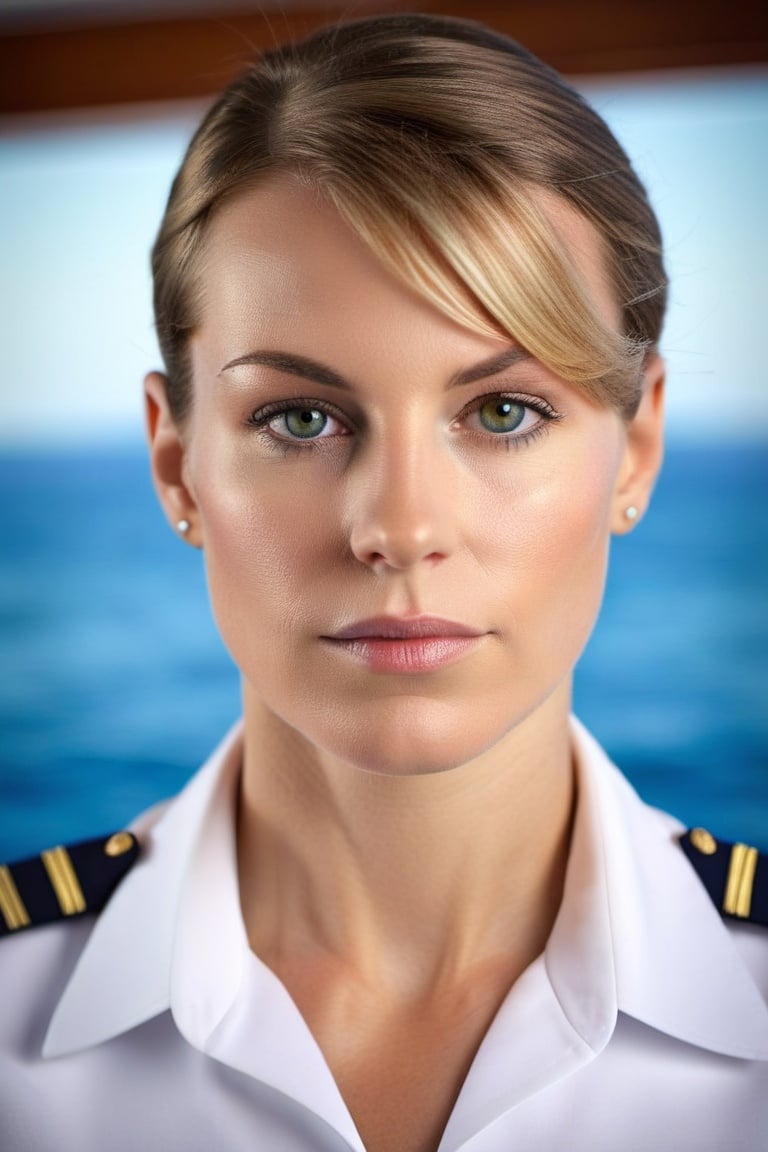 Generate a portrait photo of the most ordinary woman captain of a cruise ship, sharp-focus, highly detailed, masterpiece, photorealistic, detailed skin