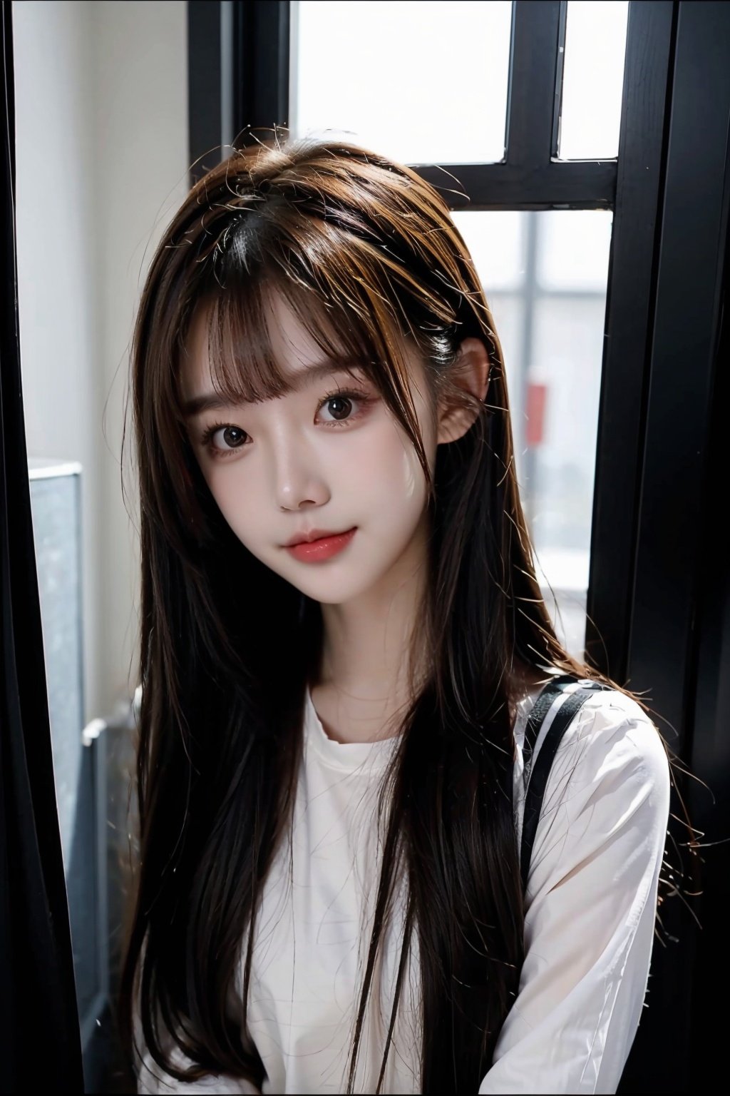 masterpiece,best quality,4k,8k,side,1girl,solo,upper body,standing,looking at viewer,smirk,black hair,diagonal bangs,hair down,black eyes