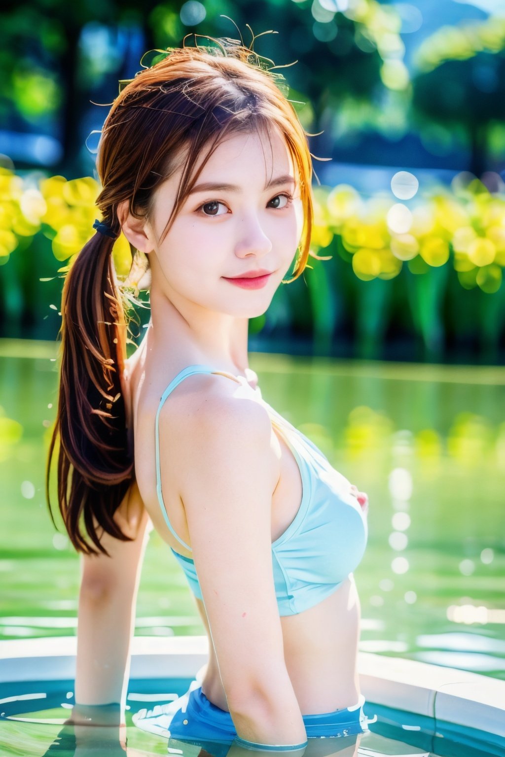 symmetrical,High detail RAW color photo professional close photograph,
(highly detail face: 1.2), (PureErosFace_V1:0.8), twintails, full body, pore, real human skin,
a portrait of a 18yo woman bathing in a river,body contact water and ripple around,
reeds,clear and clean water,
shiny eyes,looking at viewer,
wearing tight sports top, wet clothes, see-through clothes, nipples, wet body, wet hair,
tindal effect,lens flare,shade, bloom,
backlighting, depth of field, natural lighting, hard focus, film grain, photographed with a Sony a9 II Mirrorless Camera, by Laurence Demaison,1girl,ritsu______co