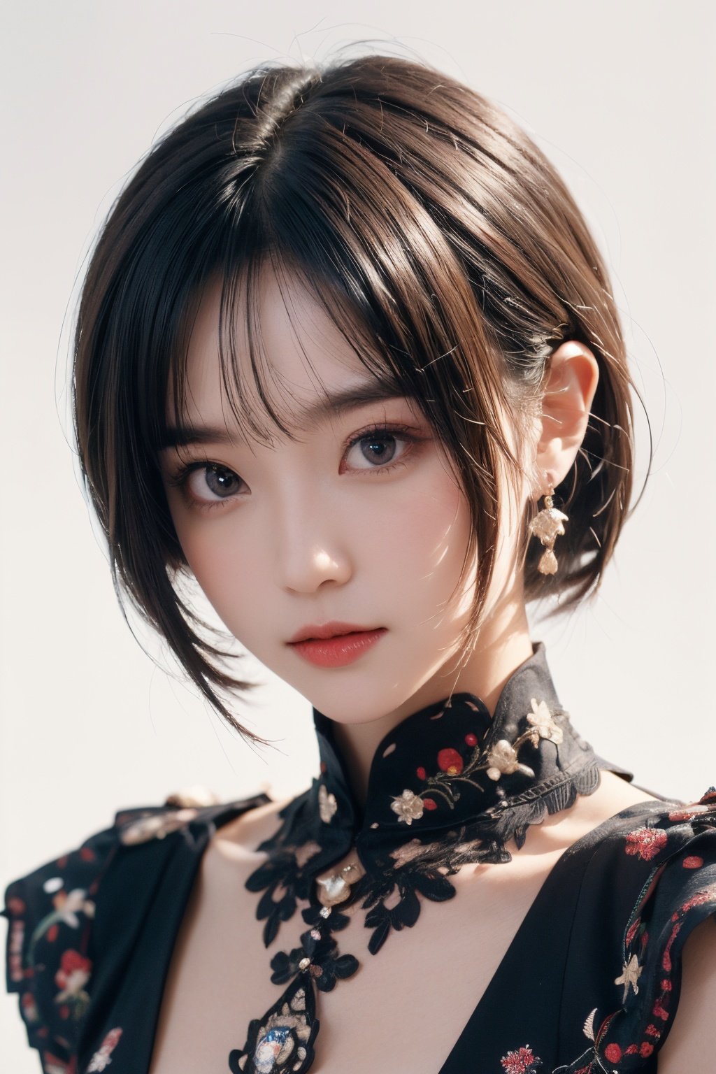  Girl, solo, short hair, bangs, glowing, 
perfect body, pretty face with details, whole body, shoes, long eyebrows, big, cute eyes, movie lights Movie lights, strong contrast, high level of detail, best quality, masterpiece, white background, Chinese style,midjourney portrait