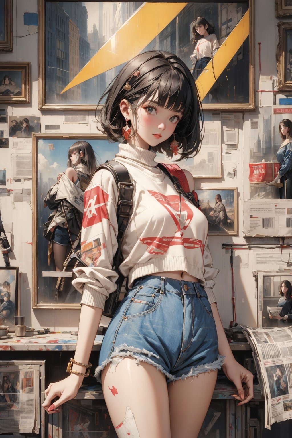 masterpiece, 1girl ((newspaper background)), black short hair,bangs,blush, looking at viewers, happy, ((side)), whole body, Sweater, shoulder cutout, Denim hot pants, Shorts, jewelry, (studio light), soft light, official art, beautiful and aesthetic:1.2), extreme detailed, (joshua middleton comic cover art:1.1), (1girl:1.4), (concretism:1.2), (hypermaximalistic:1.5), highest detailed, huliya, (Action painting:1.2), Ray tracing, best quality, best quality,huliya,fox