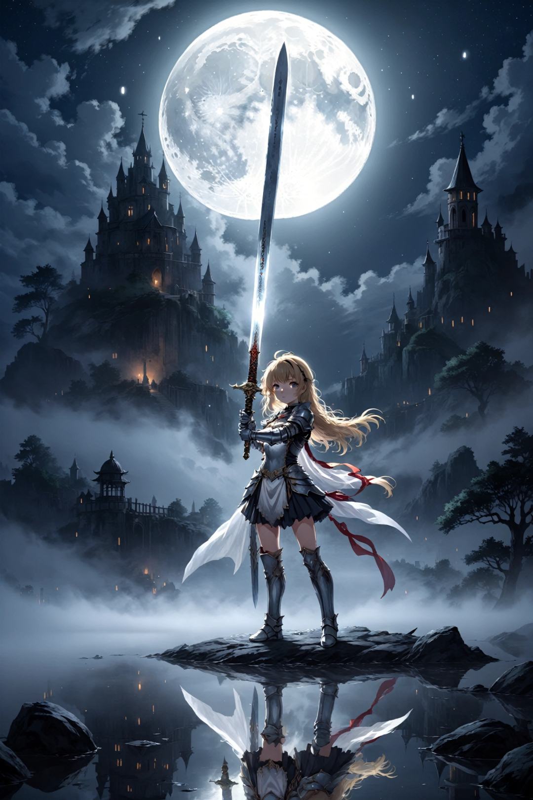 anime, holy knight girl holds up large sword, reflection, glowing sword, scenery, moonlight, full moon, fog