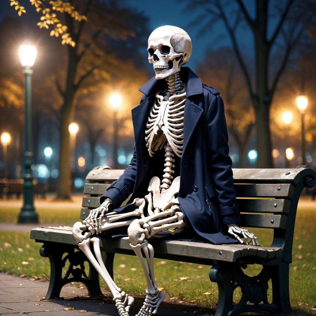 skeleton, sitting on bench, spread legs, long coat, partially undressed, midnight, park, moody, bokeh