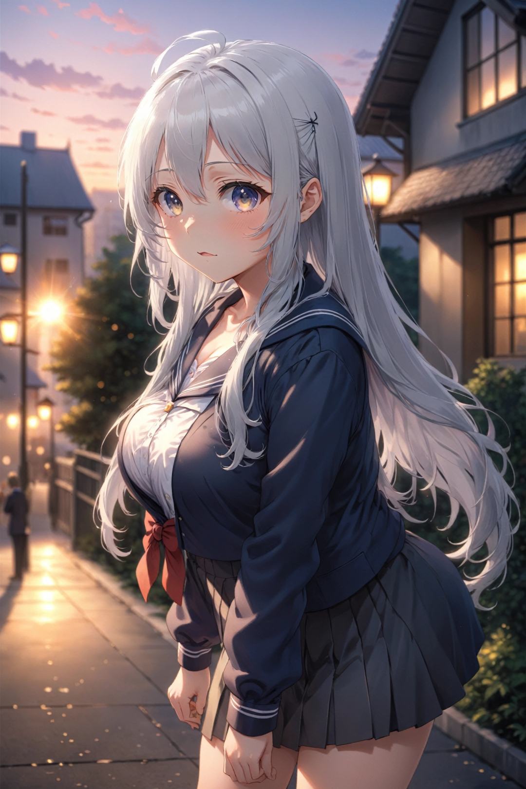 anime, girl, silver hair, long hair, school uniform, leaning forward, large breasts, ✌, embarrassed, looking at viewer, school, outdoors, afternoon, dusk, scenery, Bokeh