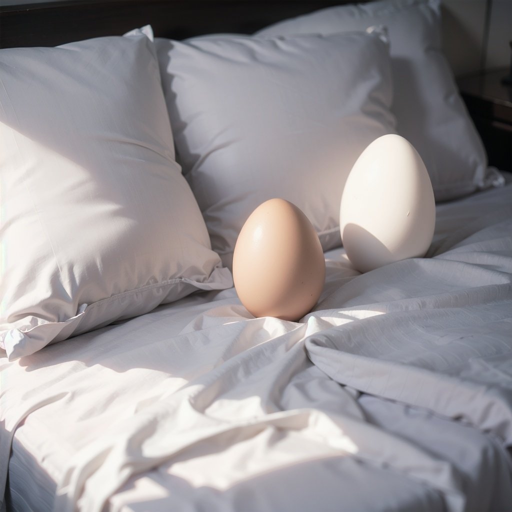 egg on bed, pillow