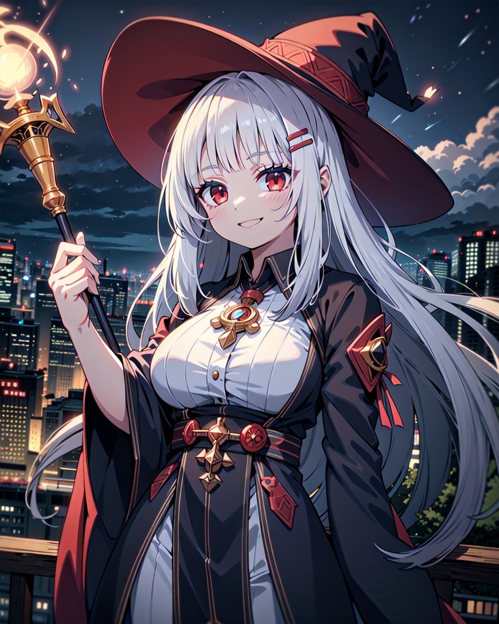 girl, silver hair, long hair, hairclip, blunt bangs, red eyes, witch hat, large breasts, robe, evil smile, holding staff, casting spell, magic, arm up, city, night view,, thunder, clouds, fog, wind